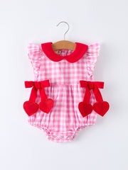 Valentine Pink Plaid Bubble Romper with Red Hearts and Bows