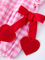 Valentine Pink Plaid Bubble Romper with Red Hearts and Bows