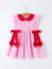 Valentine Pink Plaid Girls Dress with Red Hearts and Bows