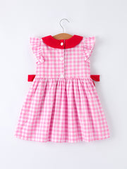 Valentine Pink Plaid Girls Dress with Red Hearts and Bows