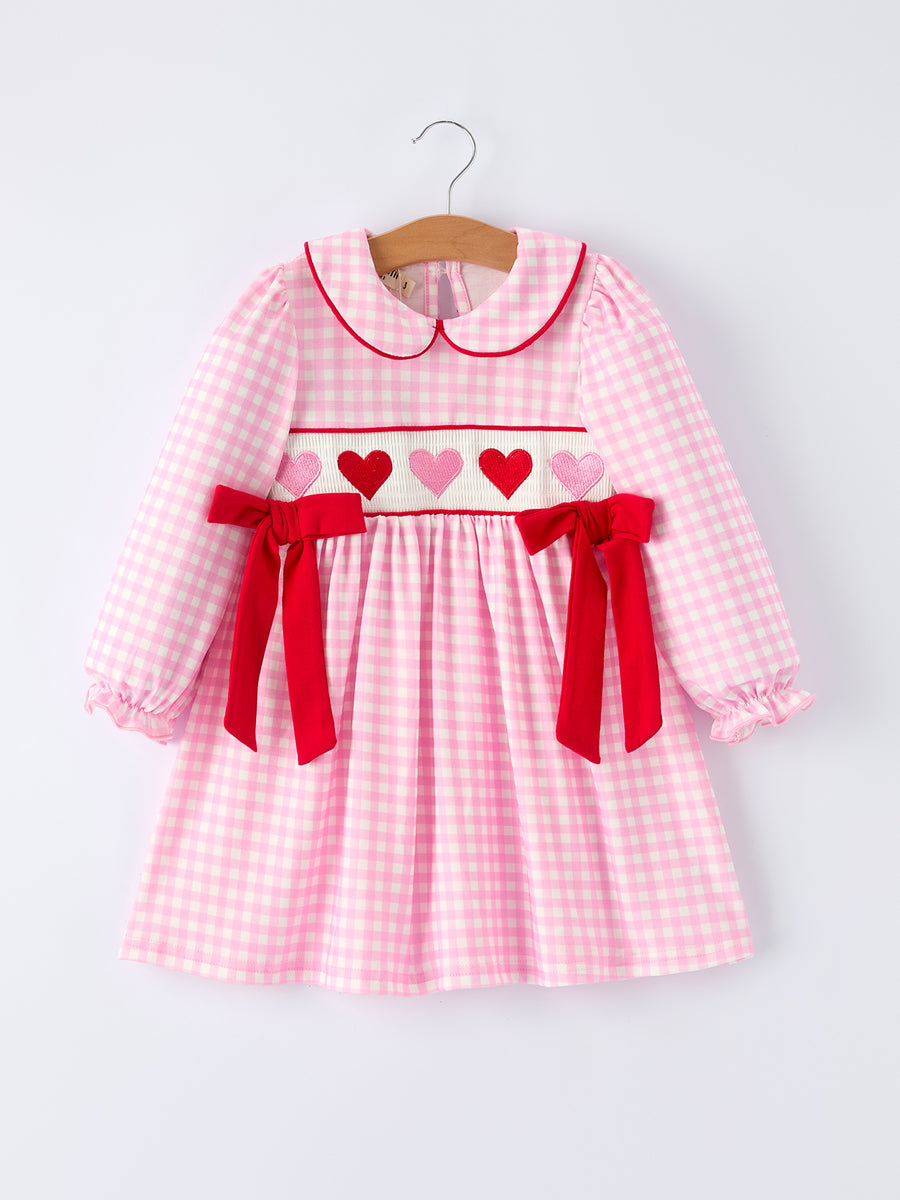 Girls' Valentine's Day Heart Smocking Embroidered Plaid Dress