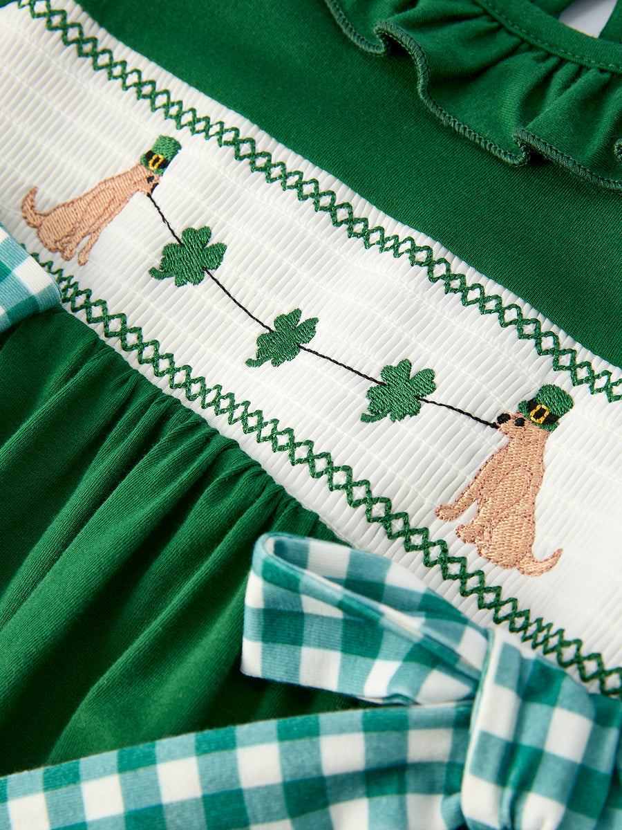 Girls St. Patrick’s Day Shamrock Puppy Smocked Dress