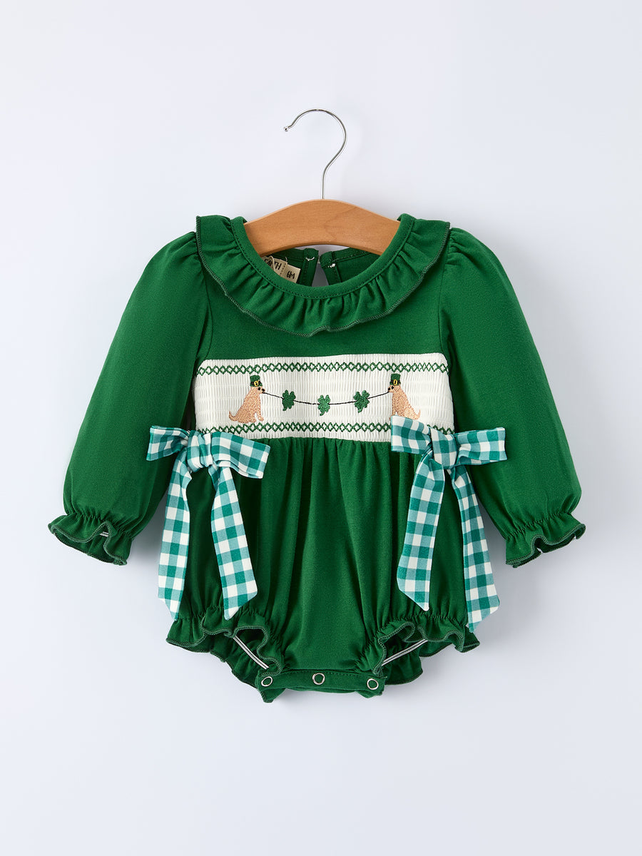 Girls St. Patrick’s Day Shamrock Puppy Smocked Romper
