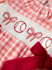 Girls Baseball Bow Smocking Embroidery Plaid Romper