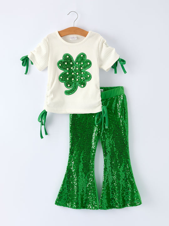 St. Patrick’s Day Shamrock Sequin Top and Bell Bottom Pants Girls Set
