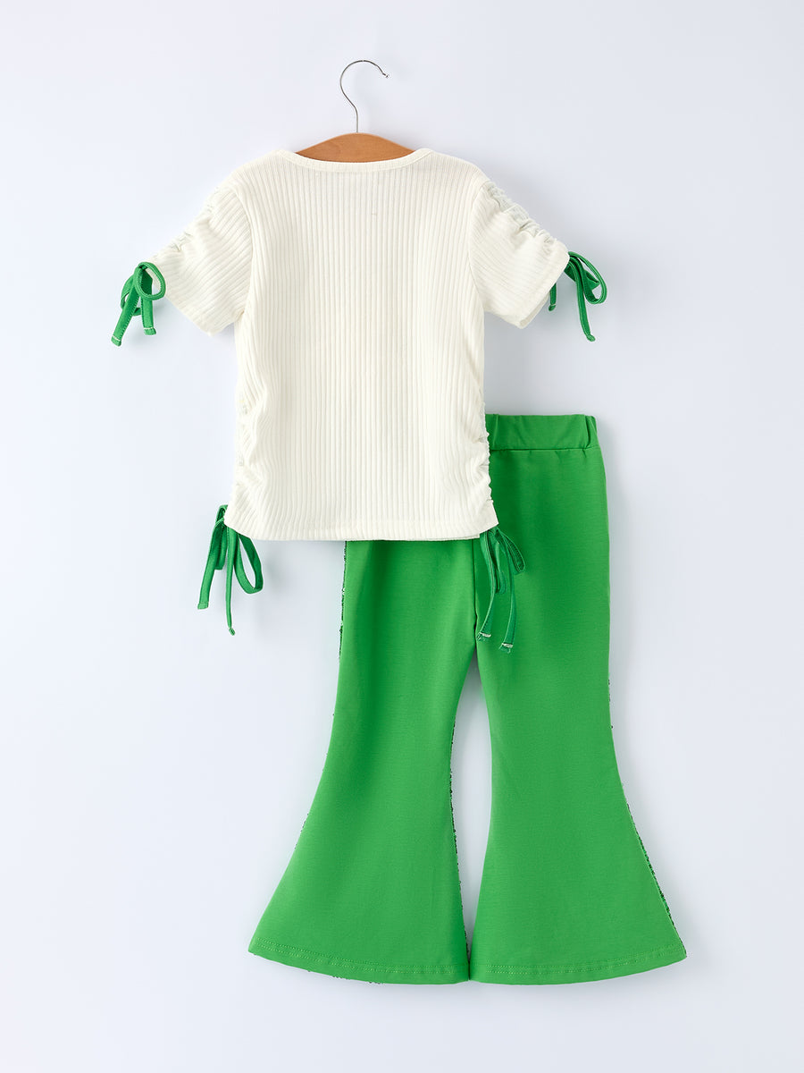 St. Patrick’s Day Shamrock Sequin Top and Bell Bottom Pants Girls Set