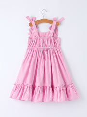 Pink Summer Stripe Bow Ruffle Girl Dress