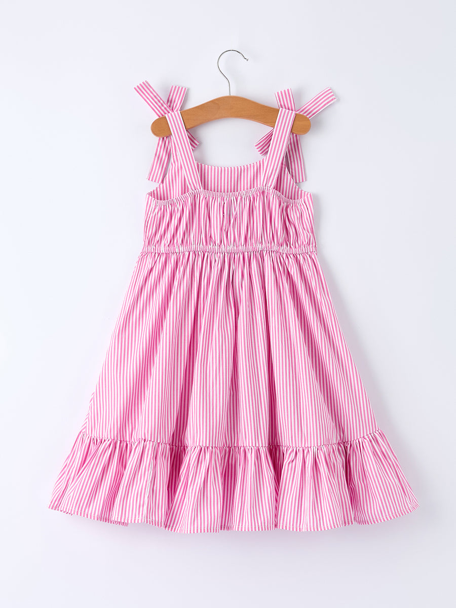 Pink Summer Stripe Bow Ruffle Girl Dress