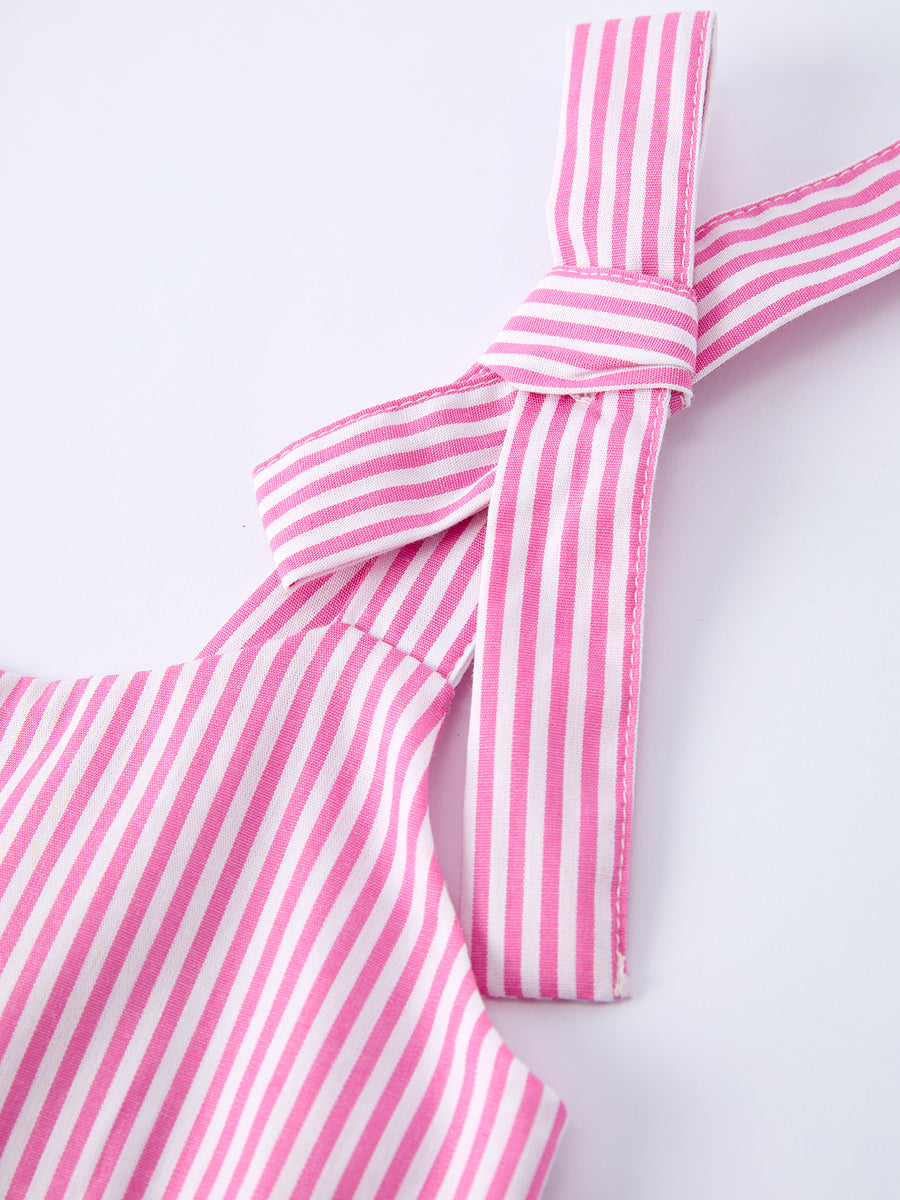 Pink Summer Stripe Bow Ruffle Girl Dress