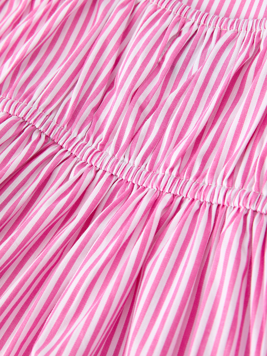 Pink Summer Stripe Bow Ruffle Girl Dress