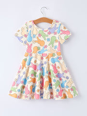 Easter Colorful Bunny Girls Twirl Short-sleeved Dress