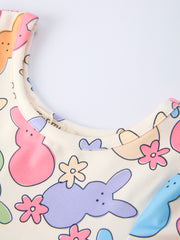 Easter Colorful Bunny Girls Twirl Short-sleeved Dress