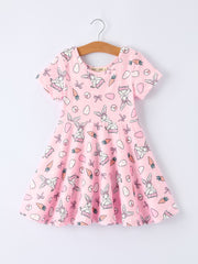 Pink Easter Bunny Carrot Print Girls Short Sleeve Dress