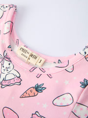 Pink Easter Bunny Carrot Print Girls Short Sleeve Dress