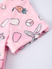 Pink Easter Bunny Carrot Print Girls Short Sleeve Dress