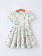 Easter Bunny Bow Print Twirl Short Sleeve Dress