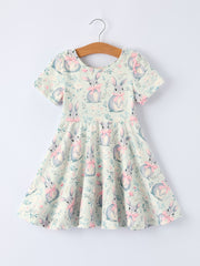 Easter Bunny Bow Print Twirl Short Sleeve Dress