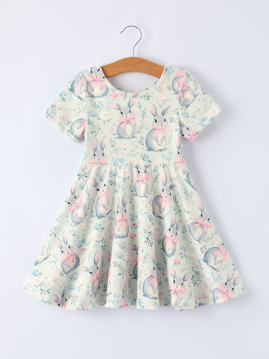 Easter Bunny Bow Print Twirl Short Sleeve Dress