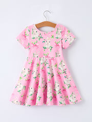 Easter Pink Bunny Floral Print Short Sleeve Dress