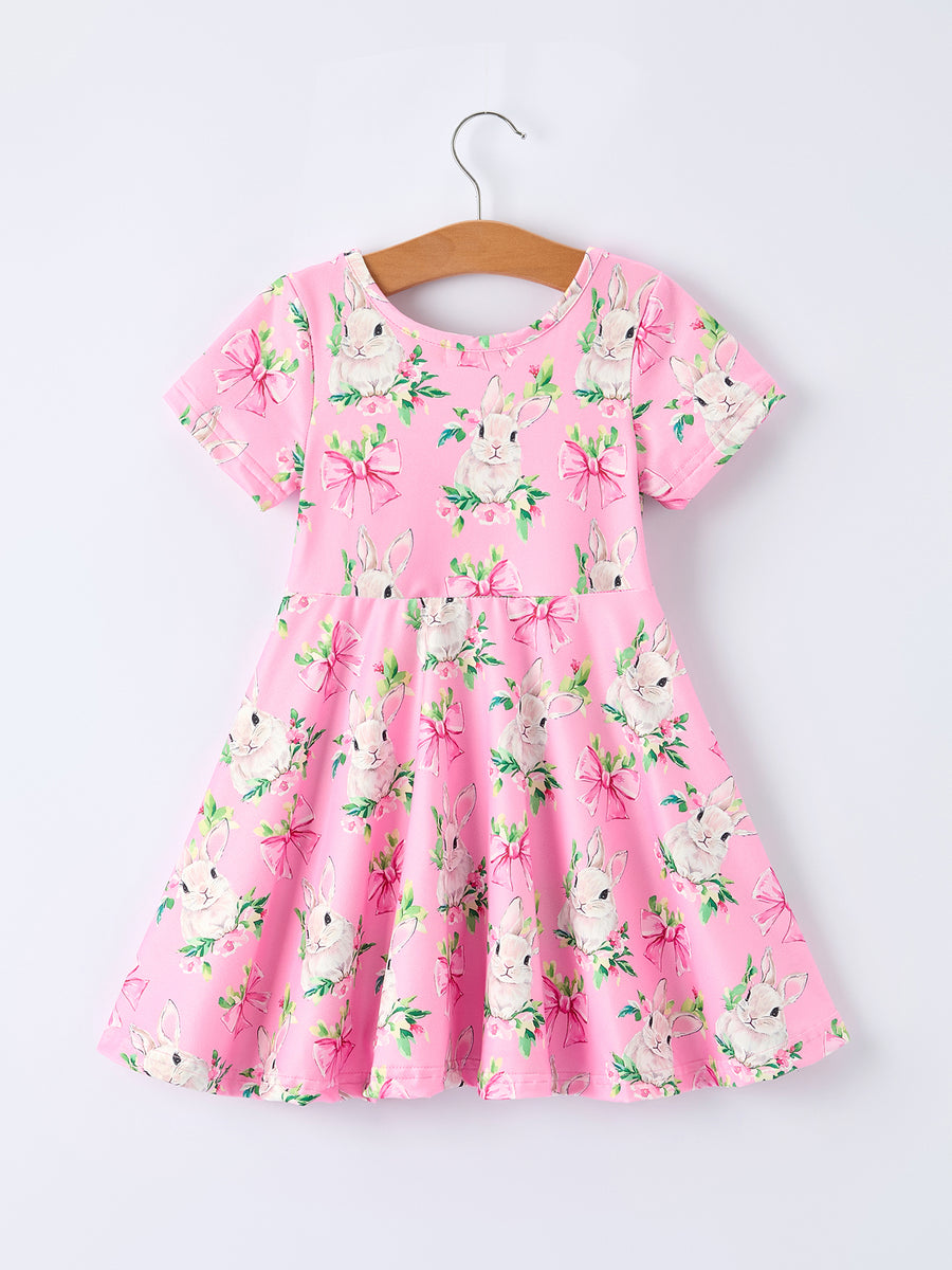 Easter Pink Bunny Floral Print Short Sleeve Dress