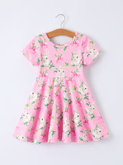 Easter Pink Bunny Floral Print Short Sleeve Dress