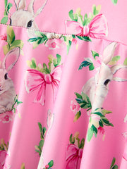 Easter Pink Bunny Floral Print Short Sleeve Dress