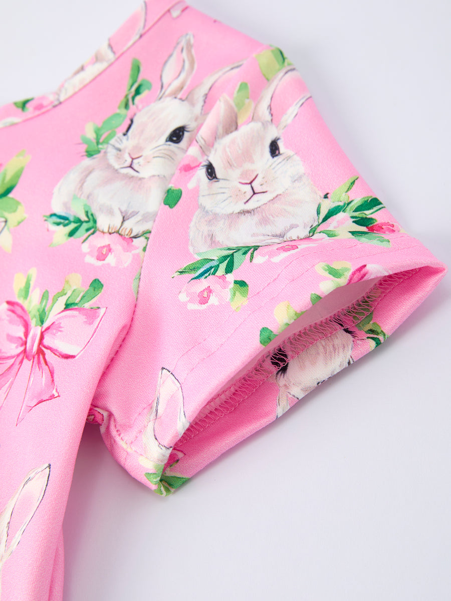 Easter Pink Bunny Floral Print Short Sleeve Dress