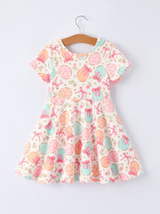 Easter Egg Bow Print Girls Short Sleeve Dress