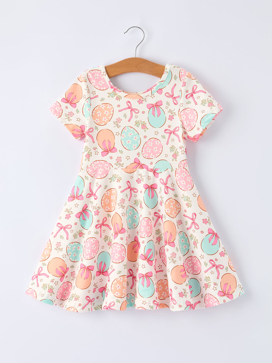 Easter Egg Bow Print Girls Short Sleeve Dress