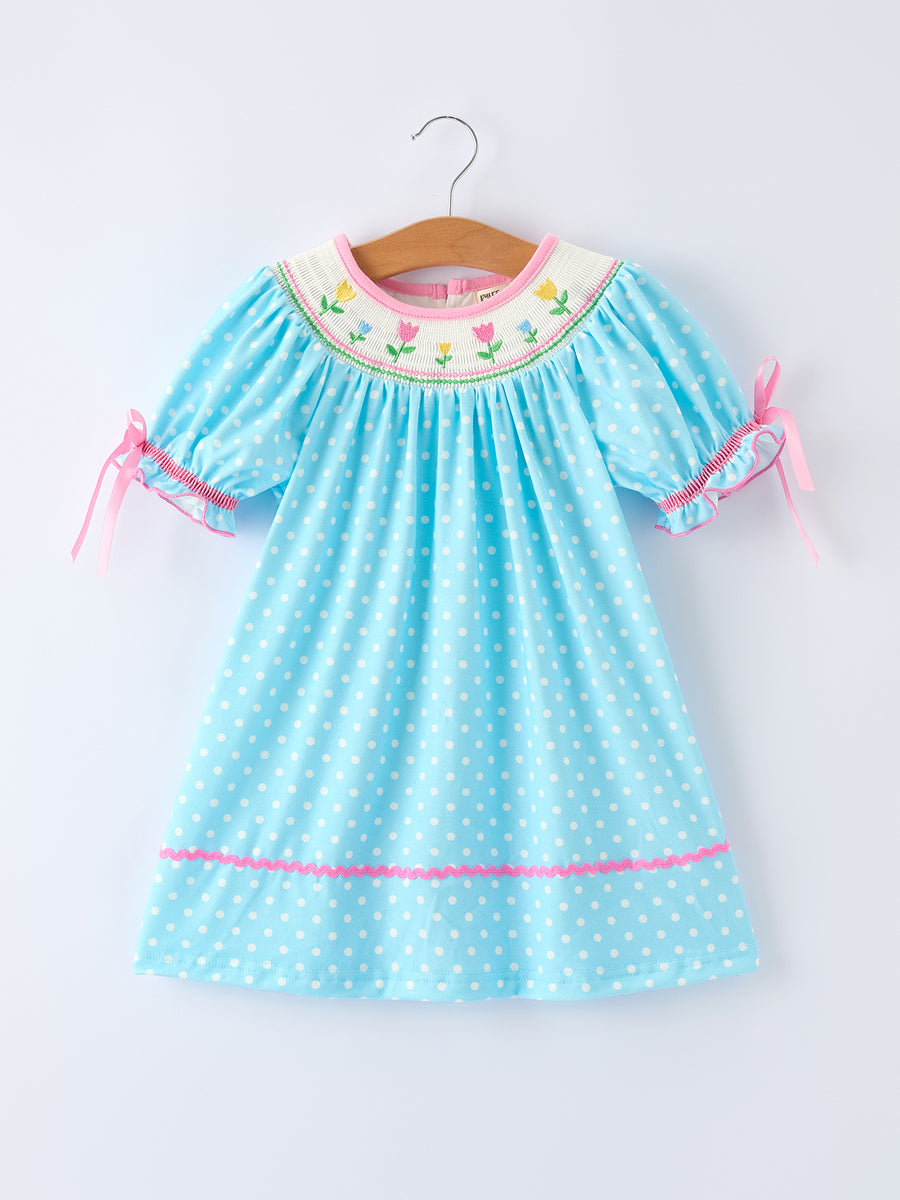 Tulip Smocked Girls Dress with Polka Dot Puff Sleeves