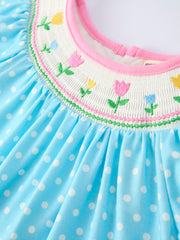 Tulip Smocked Girls Dress with Polka Dot Puff Sleeves