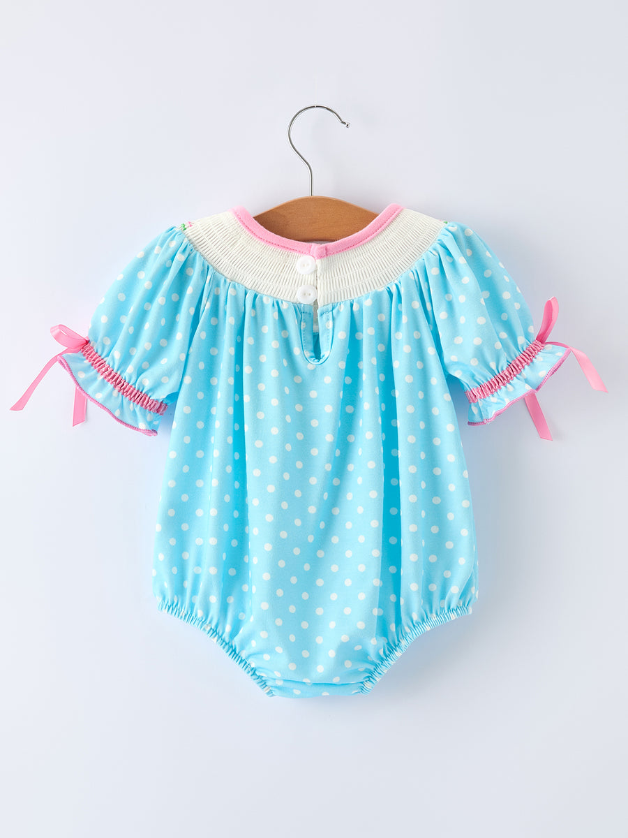 Tulip Smocked Baby Girls Romper with Polka Dot Puff Sleeves