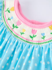 Tulip Smocked Baby Girls Romper with Polka Dot Puff Sleeves