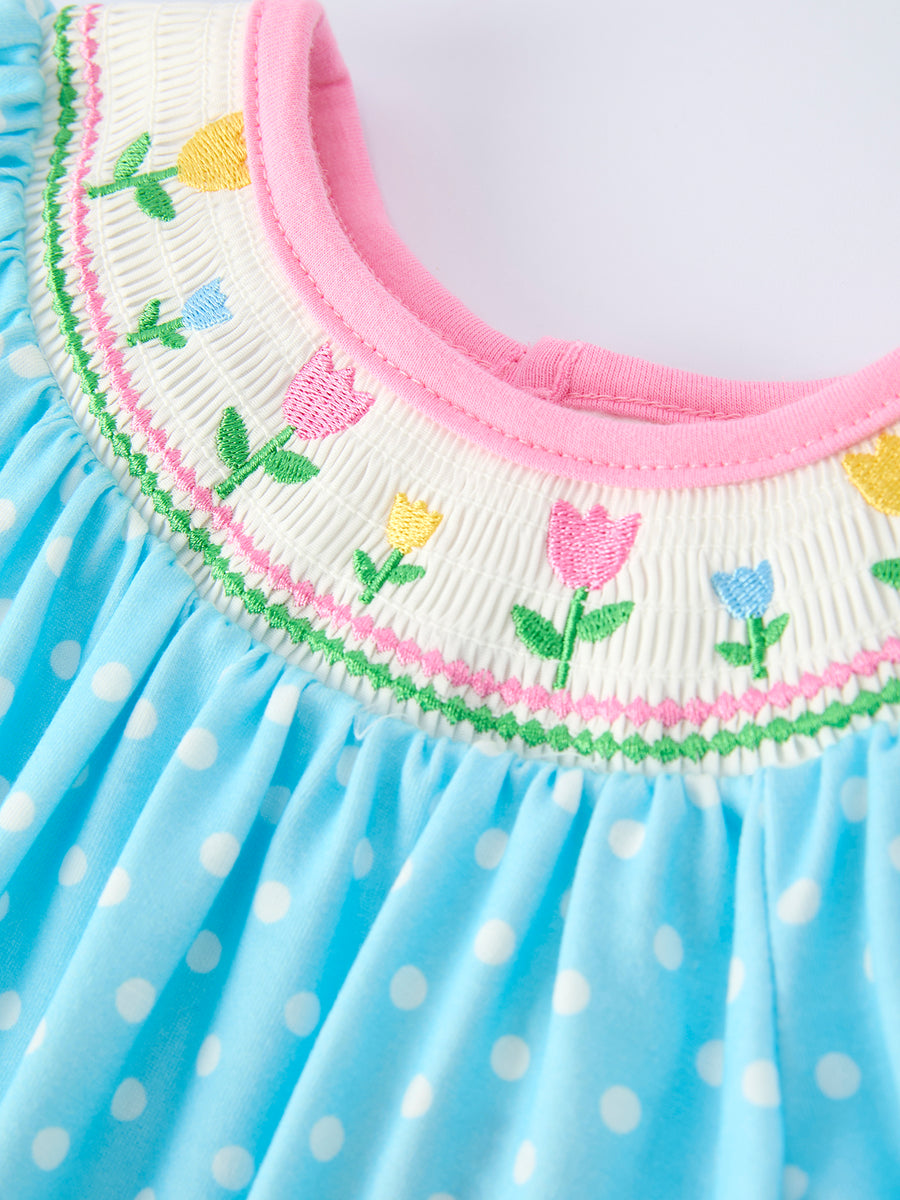 Tulip Smocked Baby Girls Romper with Polka Dot Puff Sleeves