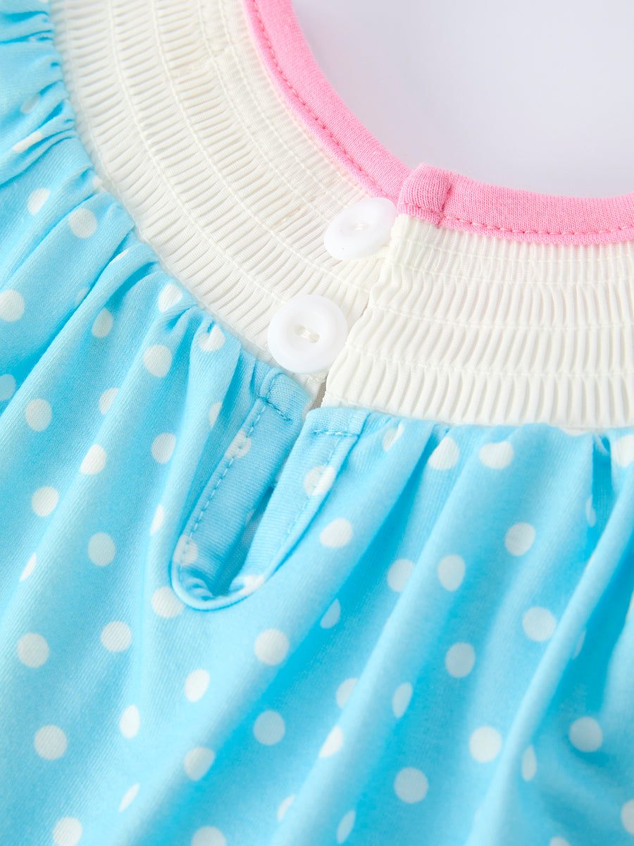Tulip Smocked Baby Girls Romper with Polka Dot Puff Sleeves