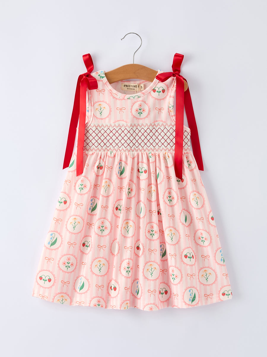 Spring Pink Floral Bow Smocked Girl Dress