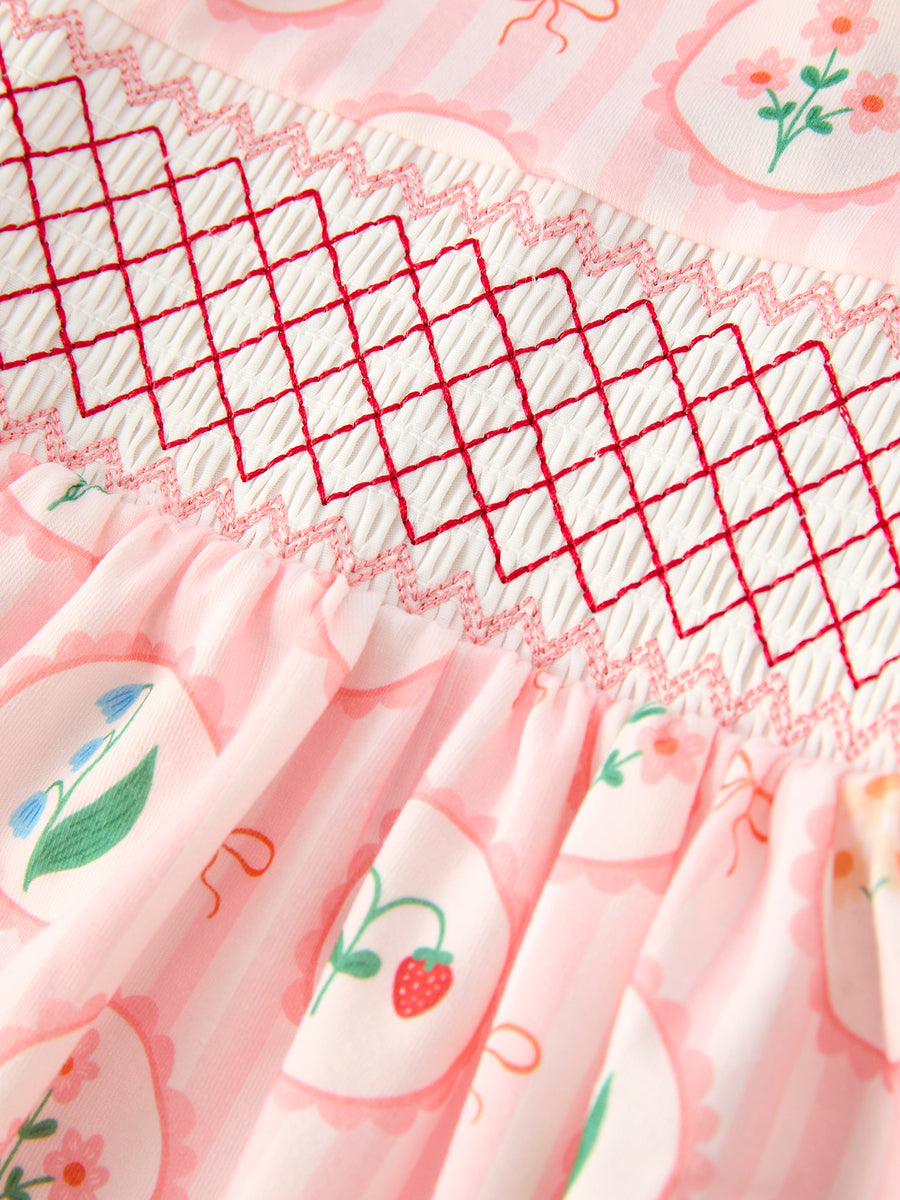 Spring Pink Floral Bow Smocked Girl Dress