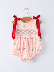 Spring Pink Floral Bow Smocked Girl Romper