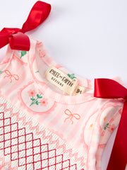 Spring Pink Floral Bow Smocked Girl Romper