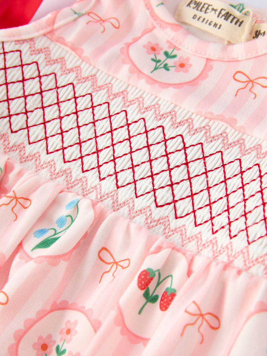 Spring Pink Floral Bow Smocked Girl Romper