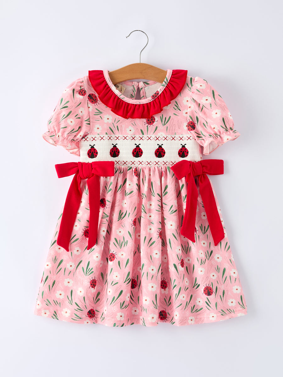 Spring Ladybug Smocked Embroidered Girls Dress