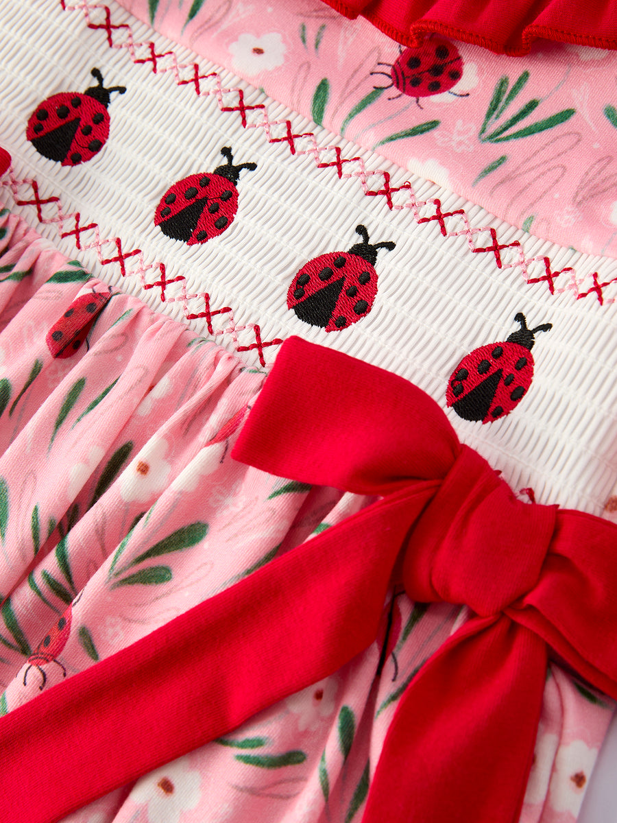 Spring Ladybug Smocked Embroidered Girls Dress