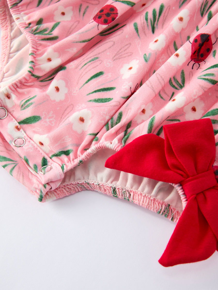 Spring Ladybug Smocked Embroidered Baby Girls Romper