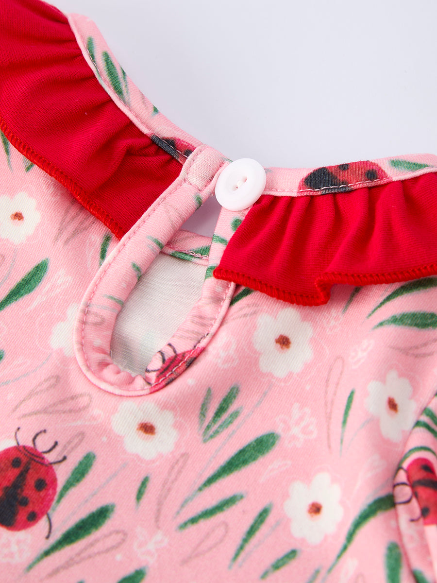 Spring Ladybug Smocked Embroidered Baby Girls Romper