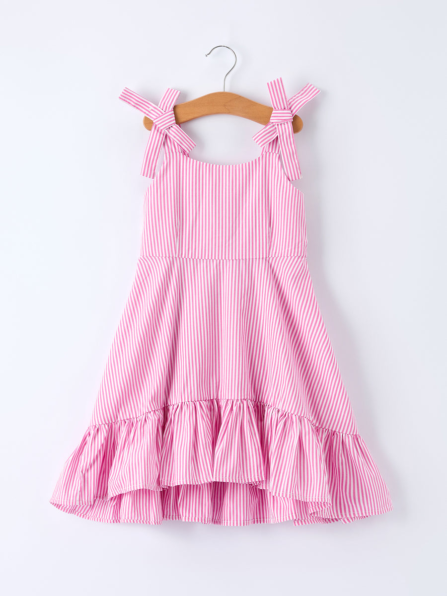 Pink Summer Stripe Bow Ruffle Girl Dress