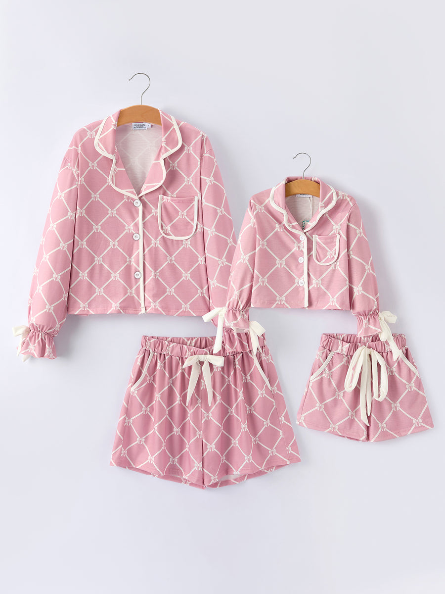 Mommy & me Autumn Check Bow Girls Lapel Pajamas