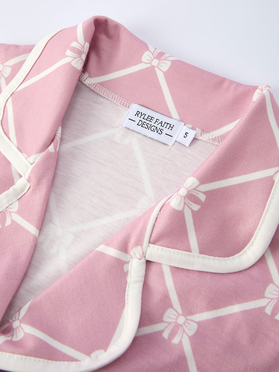 Mommy & me Autumn Check Bow Girls Lapel Pajamas