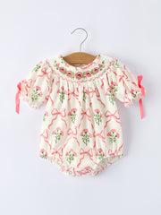 Spring Floral Smocking Embroidery Bow Baby Girls Romper