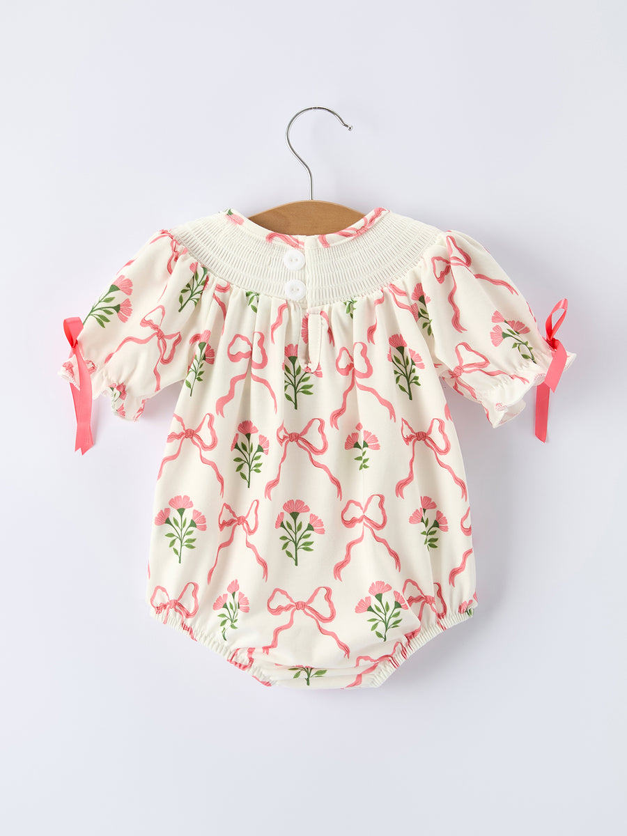 Spring Floral Smocking Embroidery Bow Baby Girls Romper