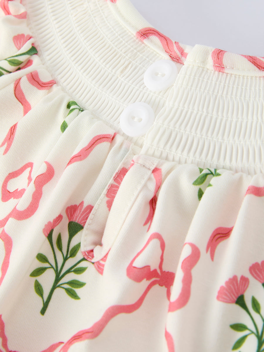 Spring Floral Smocking Embroidery Bow Baby Girls Romper